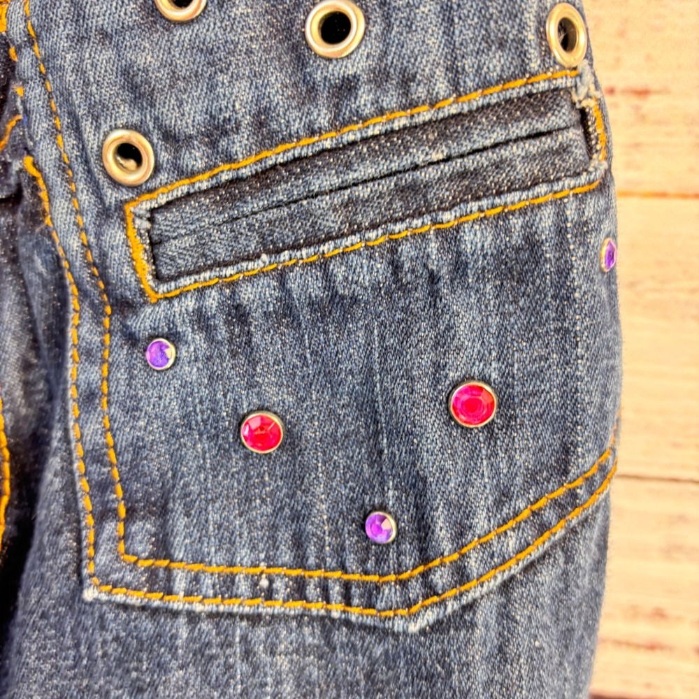 Handmade Upcycled Blue Denim Jean Shoulder Bag Rhinestone Striped Strap Boho - Picture 11 of 14